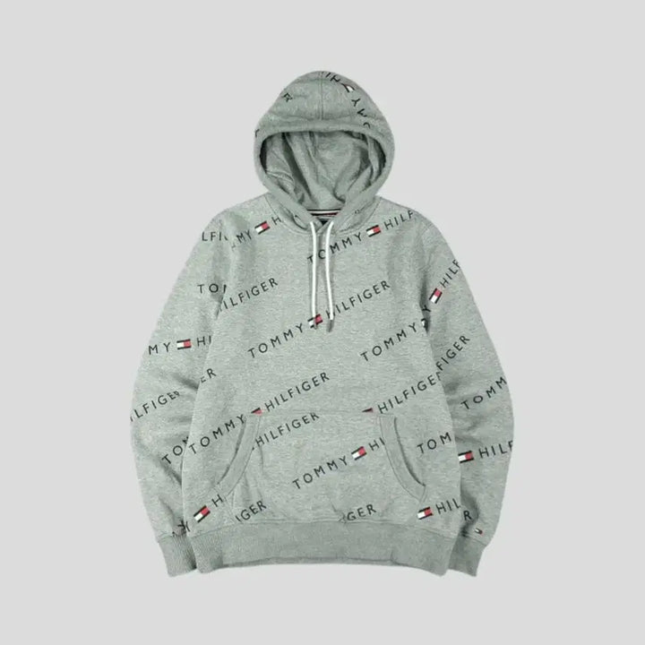 [BUNJANG] Tommy Hilfiger Cotton Blend Hoodie / 타미힐피거 그레이 블랙 스펠아웃 로고 패턴 기모 코튼블렌드 후드 티셔츠