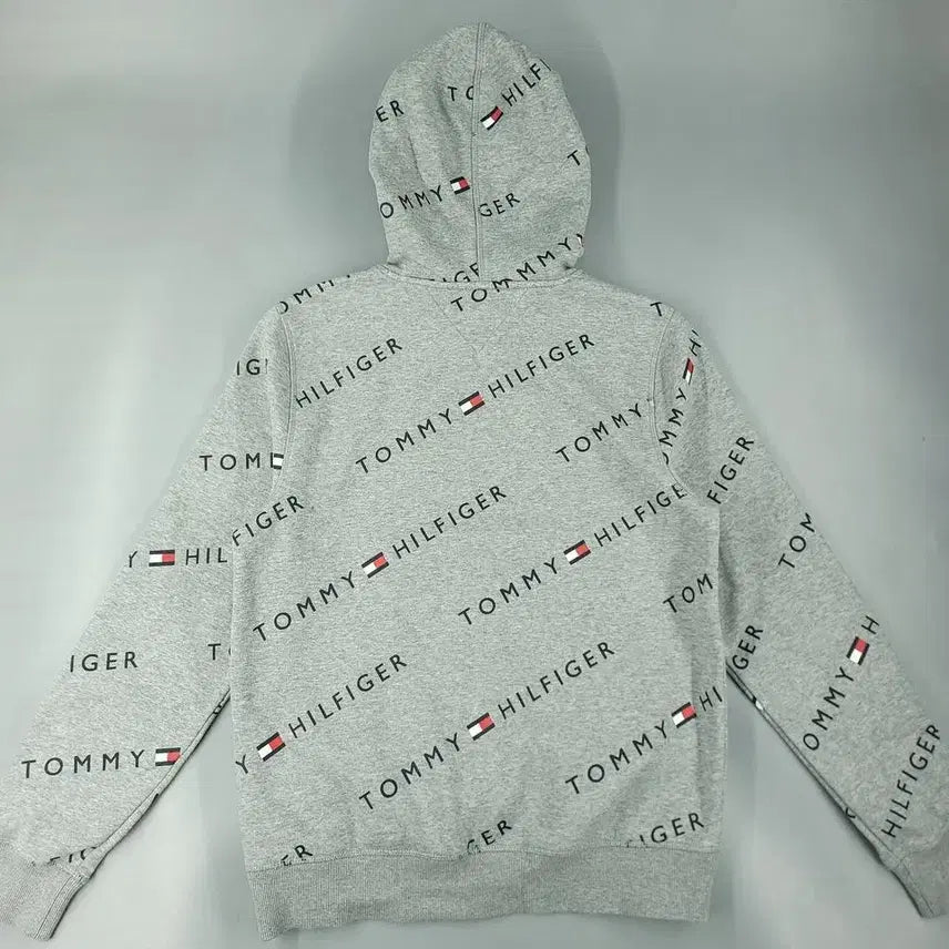 [BUNJANG] Tommy Hilfiger Cotton Blend Hoodie / 타미힐피거 그레이 블랙 스펠아웃 로고 패턴 기모 코튼블렌드 후드 티셔츠