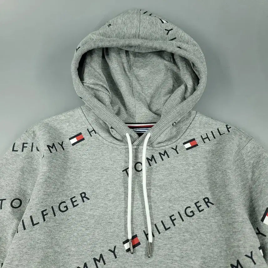 [BUNJANG] Tommy Hilfiger Cotton Blend Hoodie / 타미힐피거 그레이 블랙 스펠아웃 로고 패턴 기모 코튼블렌드 후드 티셔츠