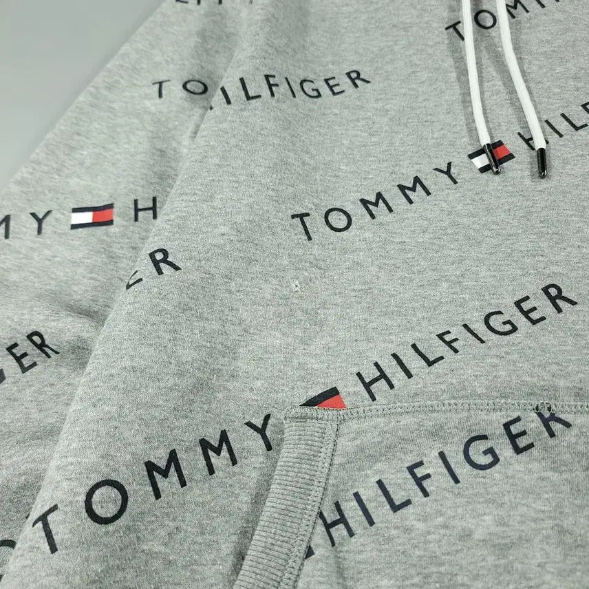 [BUNJANG] Tommy Hilfiger Cotton Blend Hoodie / 타미힐피거 그레이 블랙 스펠아웃 로고 패턴 기모 코튼블렌드 후드 티셔츠