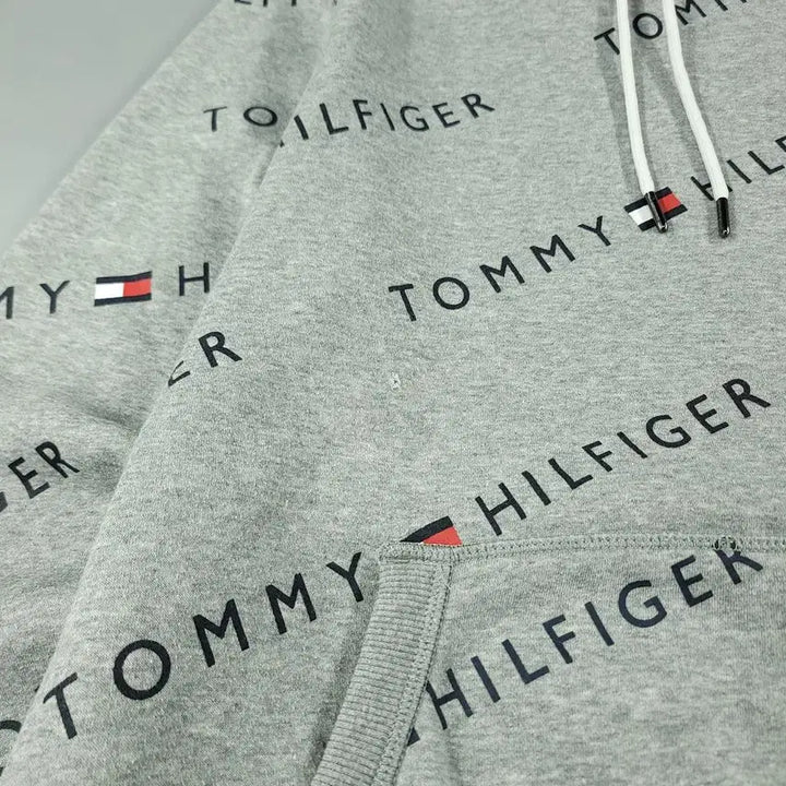 [BUNJANG] Tommy Hilfiger Cotton Blend Hoodie / 타미힐피거 그레이 블랙 스펠아웃 로고 패턴 기모 코튼블렌드 후드 티셔츠
