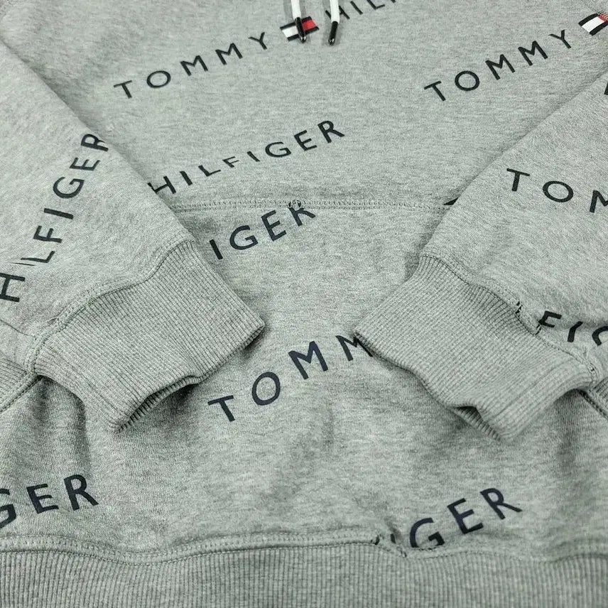 [BUNJANG] Tommy Hilfiger Cotton Blend Hoodie / 타미힐피거 그레이 블랙 스펠아웃 로고 패턴 기모 코튼블렌드 후드 티셔츠
