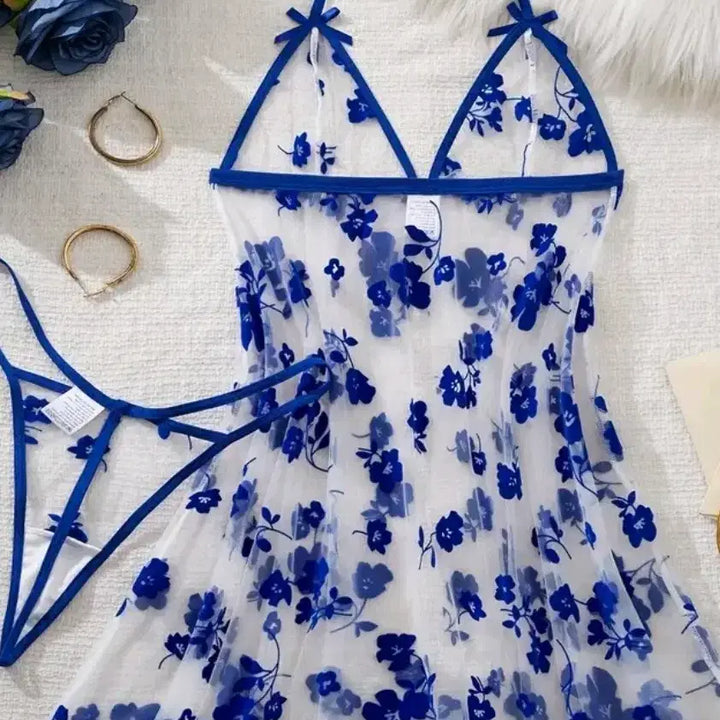 [BUNJANG] Floral Embroidery See-Through Thong / 블루 꽃 자수 시스루 티팬티55. 66사이즈