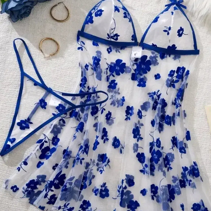 [BUNJANG] Floral Embroidery See-Through Thong / 블루 꽃 자수 시스루 티팬티55. 66사이즈