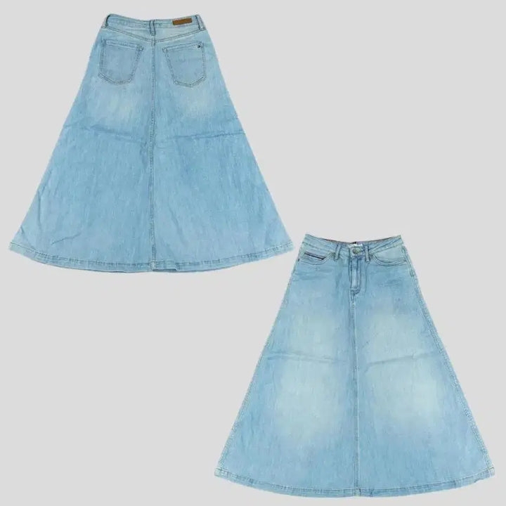 [BUNJANG] Tommy Hilfiger A-Line Denim Skirt / 타미힐피거 연청워싱 레더탭 A라인 플레어 청 데님 스커트 치마 24