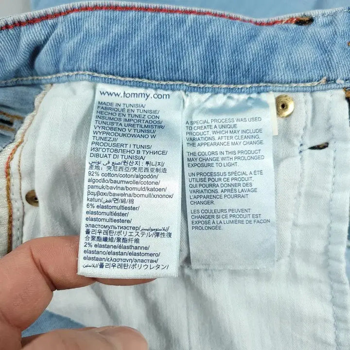 [BUNJANG] Tommy Hilfiger A-Line Denim Skirt / 타미힐피거 연청워싱 레더탭 A라인 플레어 청 데님 스커트 치마 24
