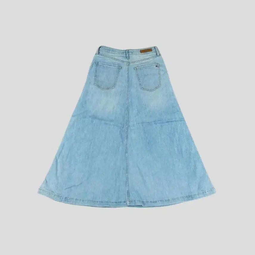 [BUNJANG] Tommy Hilfiger A-Line Denim Skirt / 타미힐피거 연청워싱 레더탭 A라인 플레어 청 데님 스커트 치마 24