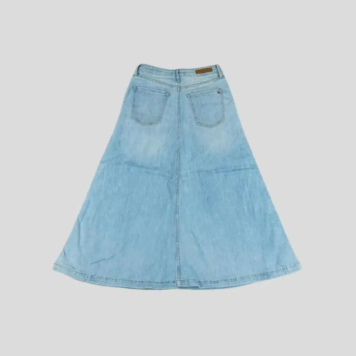 [BUNJANG] Tommy Hilfiger A-Line Denim Skirt / 타미힐피거 연청워싱 레더탭 A라인 플레어 청 데님 스커트 치마 24