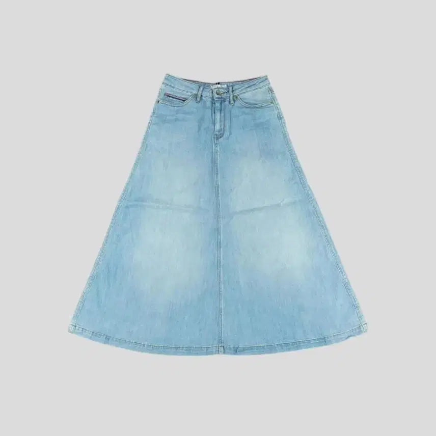 [BUNJANG] Tommy Hilfiger A-Line Denim Skirt / 타미힐피거 연청워싱 레더탭 A라인 플레어 청 데님 스커트 치마 24
