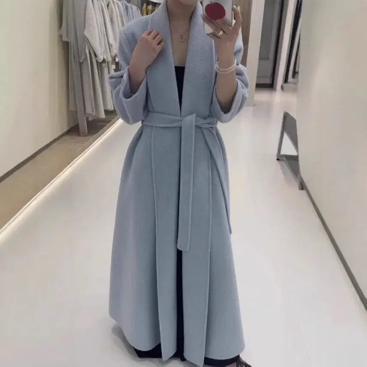 [BUNJANG] Handmade Sky Blue Wool Long Coat / 하늘색 양모  핸드메이드 롱 코트