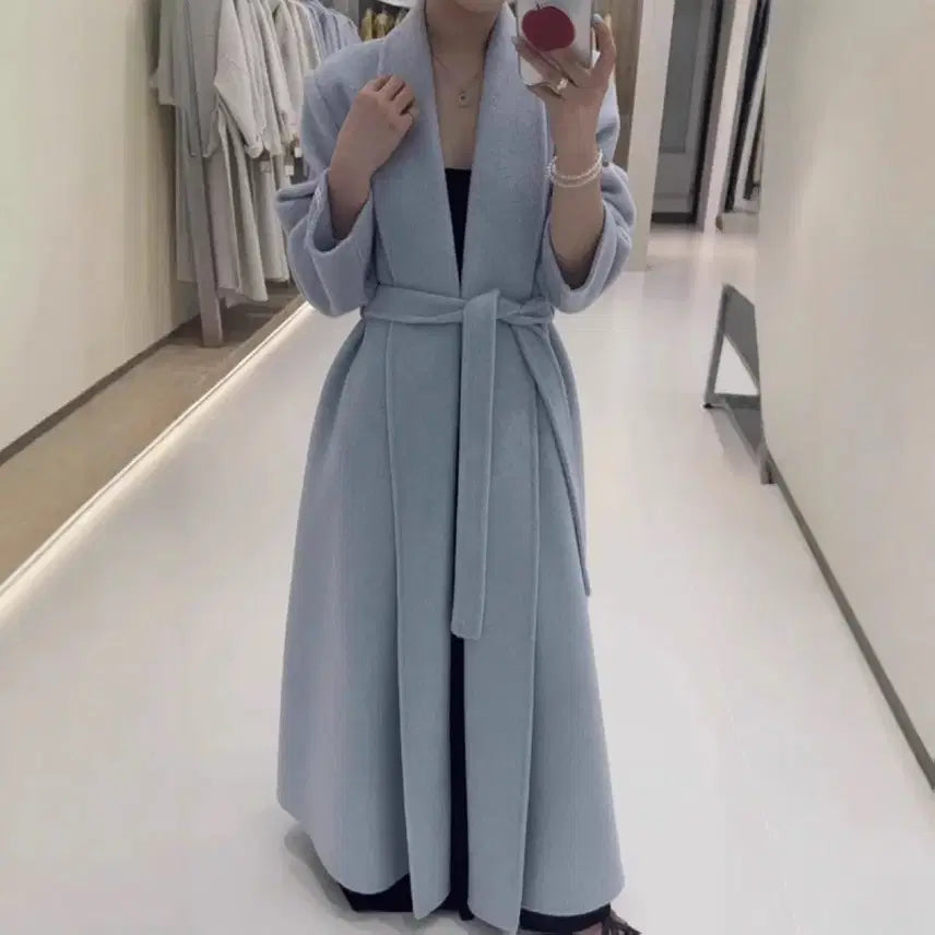 [BUNJANG] Handmade Sky Blue Wool Long Coat / 하늘색 양모  핸드메이드 롱 코트