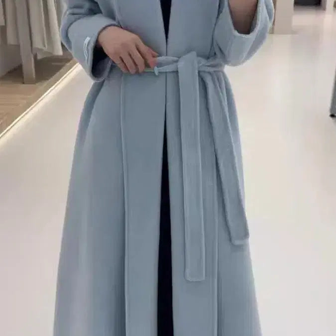 [BUNJANG] Handmade Sky Blue Wool Long Coat / 하늘색 양모  핸드메이드 롱 코트