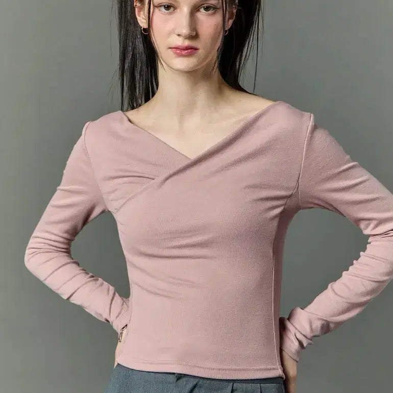 [BUNJANG] Citypops Drape V-Neck Long Sleeve T-Shirt Pink / 시티팝즈 드레이프 브이넥 긴팔티 핑크