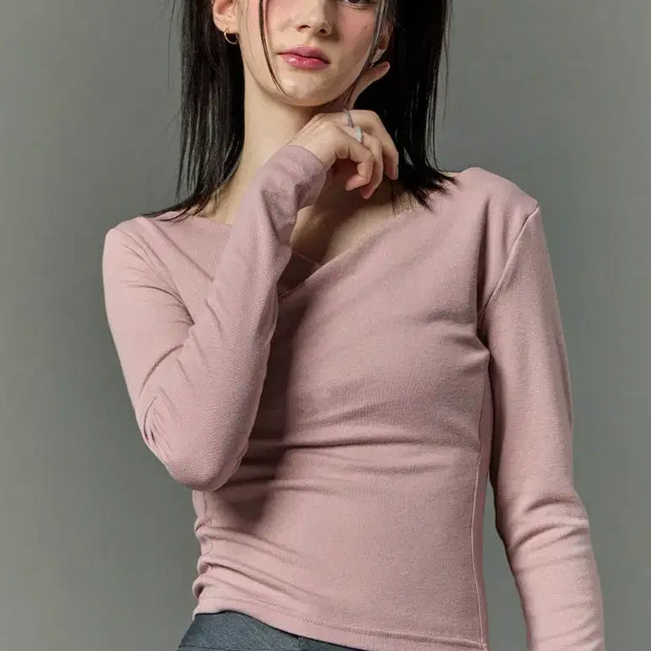 [BUNJANG] Citypops Drape V-Neck Long Sleeve T-Shirt Pink / 시티팝즈 드레이프 브이넥 긴팔티 핑크
