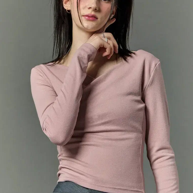 [BUNJANG] Citypops Drape V-Neck Long Sleeve T-Shirt Pink / 시티팝즈 드레이프 브이넥 긴팔티 핑크