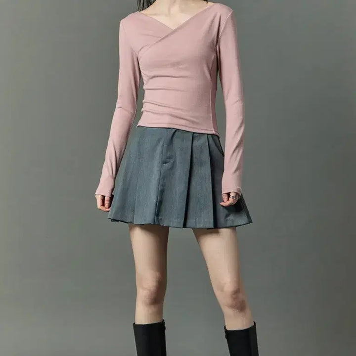 [BUNJANG] Citypops Drape V-Neck Long Sleeve T-Shirt Pink / 시티팝즈 드레이프 브이넥 긴팔티 핑크