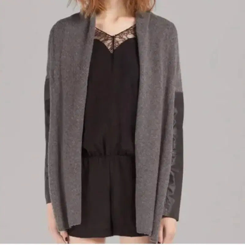 [BUNJANG] MAJE Leather Open Shawl Collar Knit Cardigan / 1 MAJE 마쥬 양가죽 배색 오픈 숄카라 니트 가디건