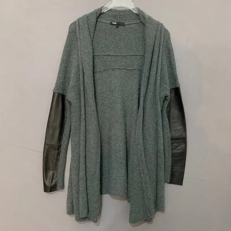 [BUNJANG] MAJE Leather Open Shawl Collar Knit Cardigan / 1 MAJE 마쥬 양가죽 배색 오픈 숄카라 니트 가디건