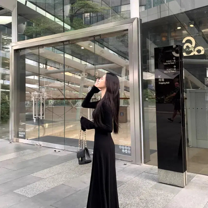 [BUNJANG] Black Long V-Neck Knit Dress / 블랙 롱 V넥 니트 원피스