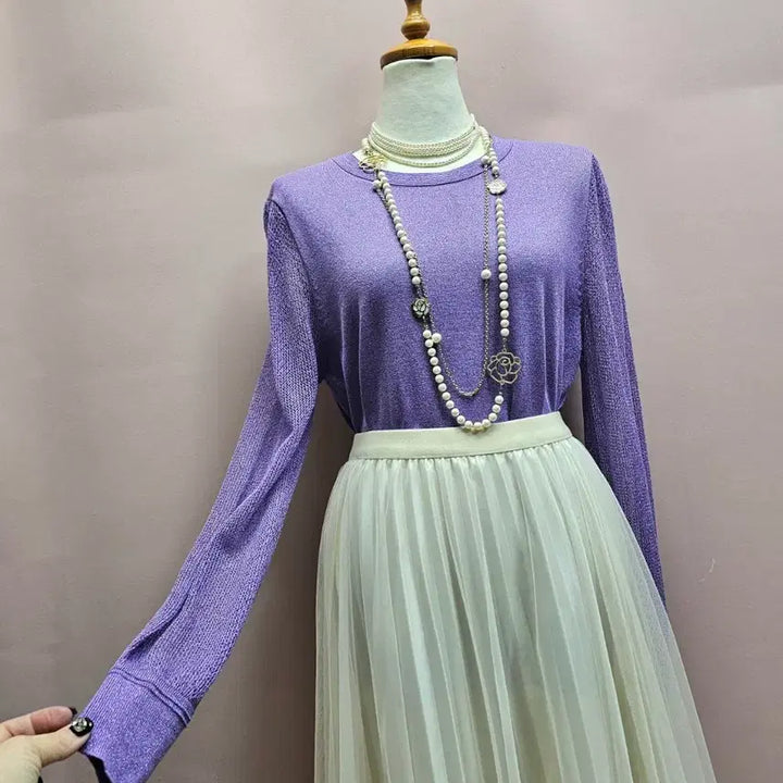 [BUNJANG] KSU Pearl Lavender Mesh Sleeve Knit Sweater / 케이수 펄보라 망사소매 니트