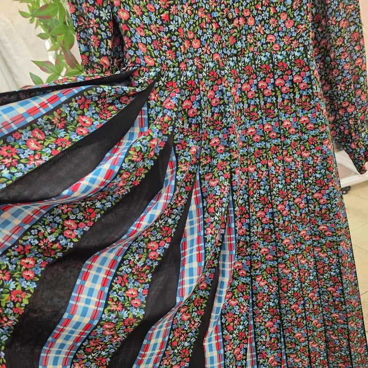 [BUNJANG] Floral Pattern Long Pleated Dress / 플라워 패턴 롱 플리츠 원피스