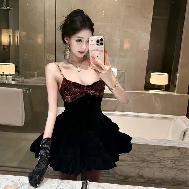 [BUNJANG] Party Dress - Red/Black Glitter Mini Dress / [2컬러] 파티원피스 레드 블랙 나시원피스 프릴 반짝이원피스 글리터