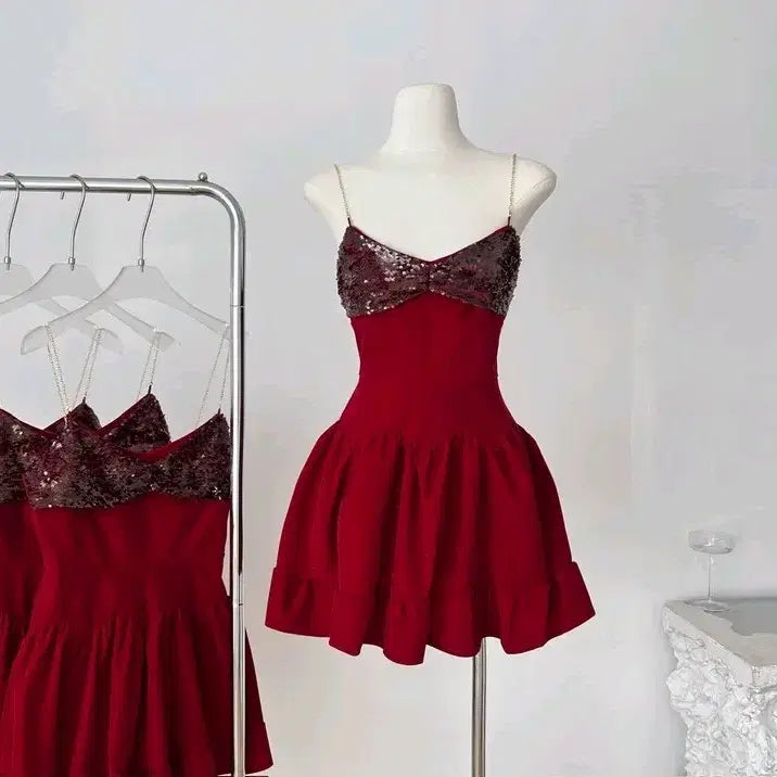 [BUNJANG] Party Dress - Red/Black Glitter Mini Dress / [2컬러] 파티원피스 레드 블랙 나시원피스 프릴 반짝이원피스 글리터