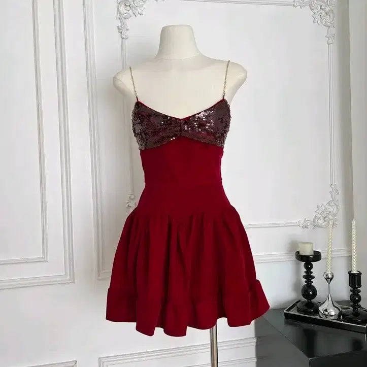 [BUNJANG] Party Dress - Red/Black Glitter Mini Dress / [2컬러] 파티원피스 레드 블랙 나시원피스 프릴 반짝이원피스 글리터