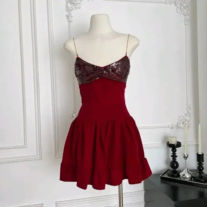[BUNJANG] Party Dress - Red/Black Glitter Mini Dress / [2컬러] 파티원피스 레드 블랙 나시원피스 프릴 반짝이원피스 글리터