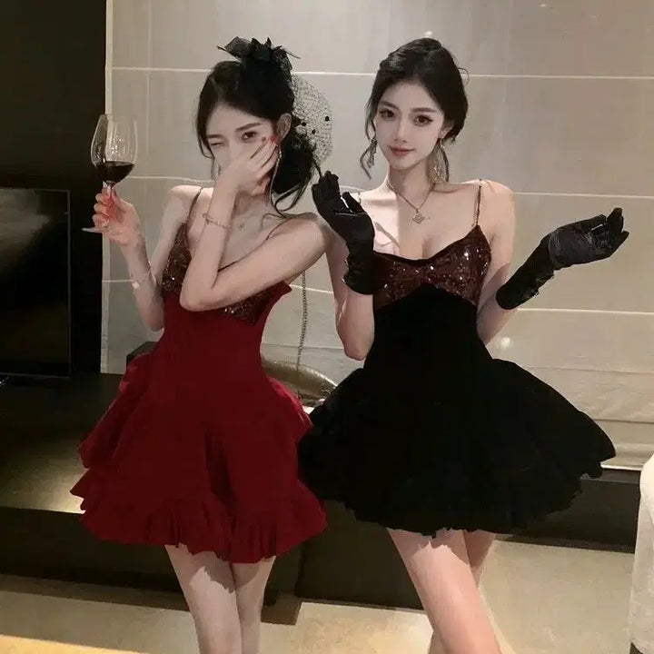 [BUNJANG] Party Dress - Red/Black Glitter Mini Dress / [2컬러] 파티원피스 레드 블랙 나시원피스 프릴 반짝이원피스 글리터