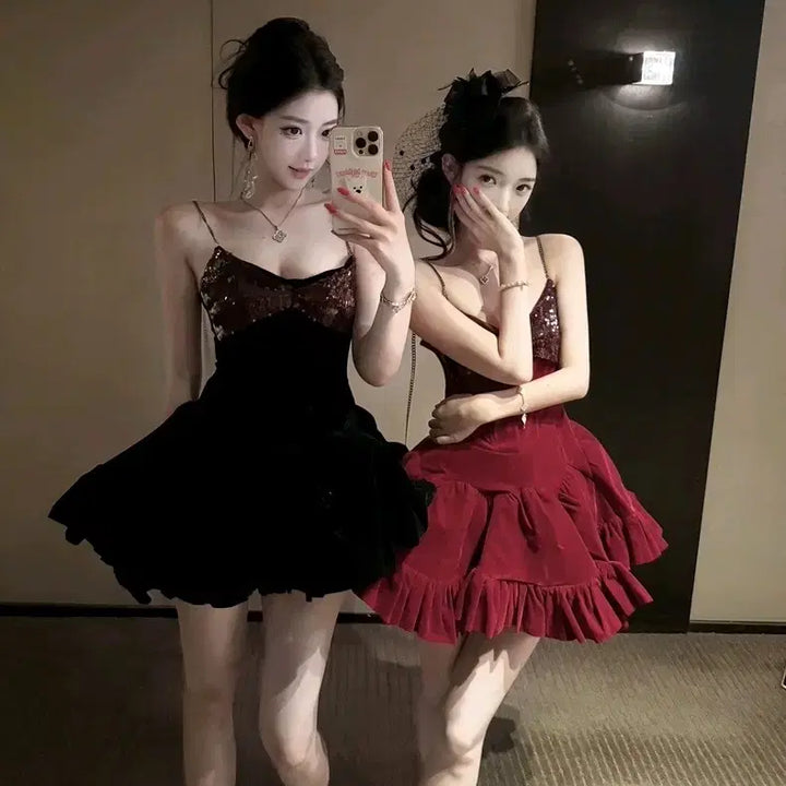 [BUNJANG] Party Dress - Red/Black Glitter Mini Dress / [2컬러] 파티원피스 레드 블랙 나시원피스 프릴 반짝이원피스 글리터