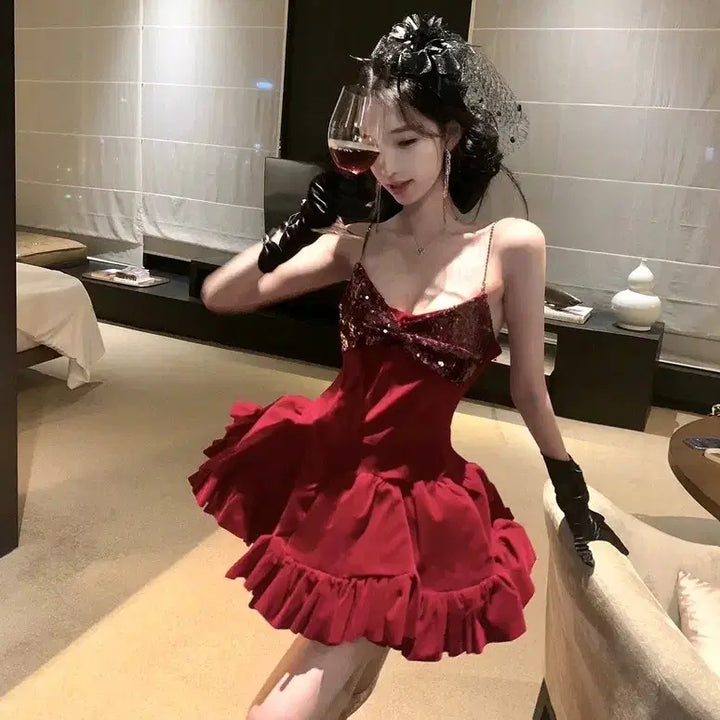 [BUNJANG] Party Dress - Red/Black Glitter Mini Dress / [2컬러] 파티원피스 레드 블랙 나시원피스 프릴 반짝이원피스 글리터