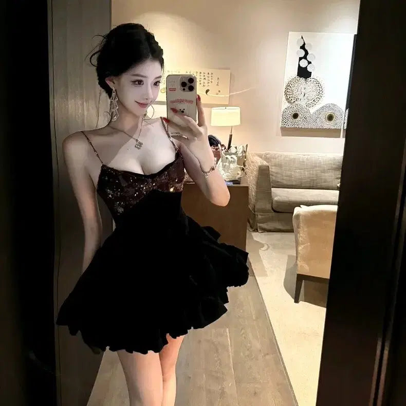 [BUNJANG] Party Dress - Red/Black Glitter Mini Dress / [2컬러] 파티원피스 레드 블랙 나시원피스 프릴 반짝이원피스 글리터