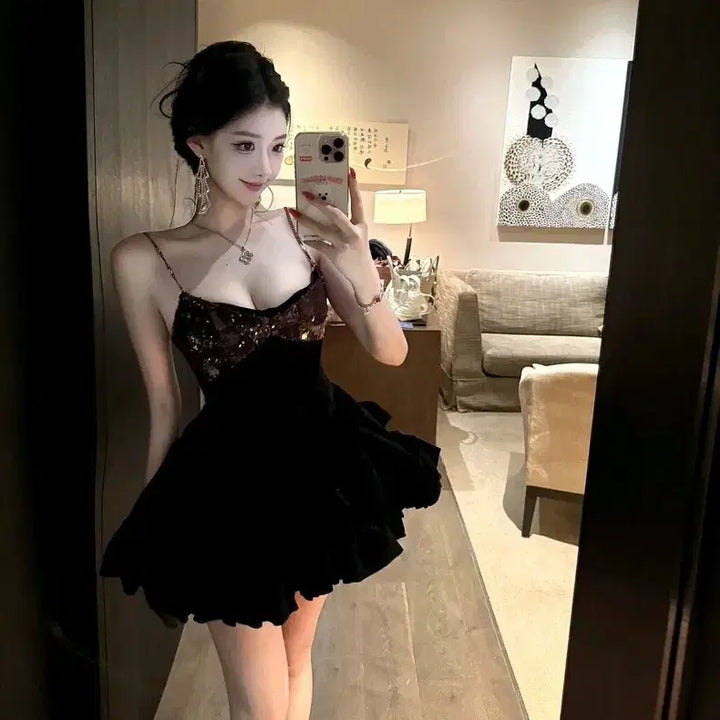 [BUNJANG] Party Dress - Red/Black Glitter Mini Dress / [2컬러] 파티원피스 레드 블랙 나시원피스 프릴 반짝이원피스 글리터