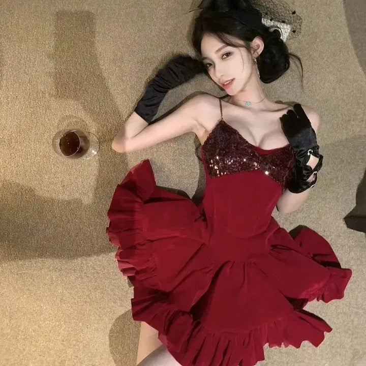 [BUNJANG] Party Dress - Red/Black Glitter Mini Dress / [2컬러] 파티원피스 레드 블랙 나시원피스 프릴 반짝이원피스 글리터