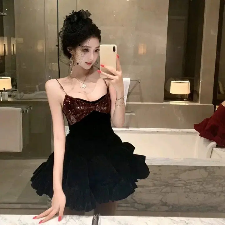[BUNJANG] Party Dress - Red/Black Glitter Mini Dress / [2컬러] 파티원피스 레드 블랙 나시원피스 프릴 반짝이원피스 글리터