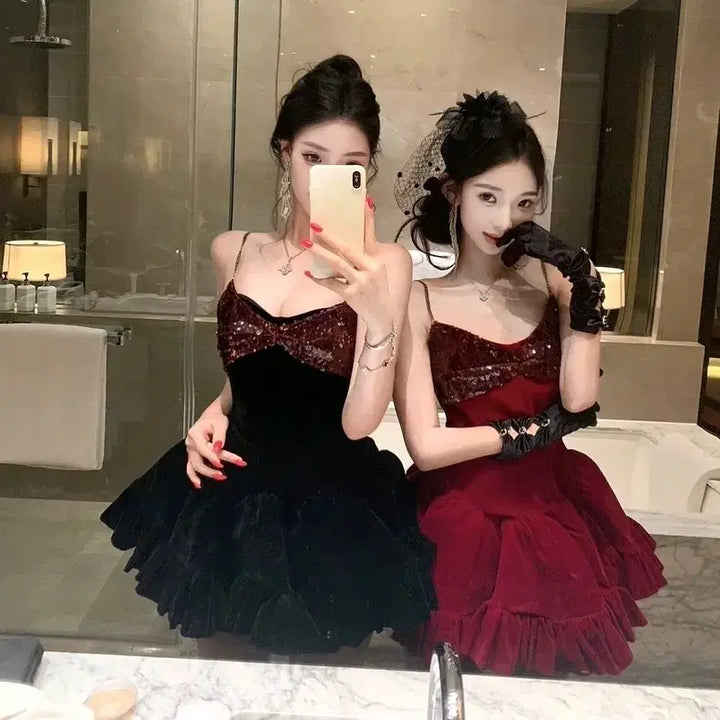 [BUNJANG] Party Dress - Red/Black Glitter Mini Dress / [2컬러] 파티원피스 레드 블랙 나시원피스 프릴 반짝이원피스 글리터