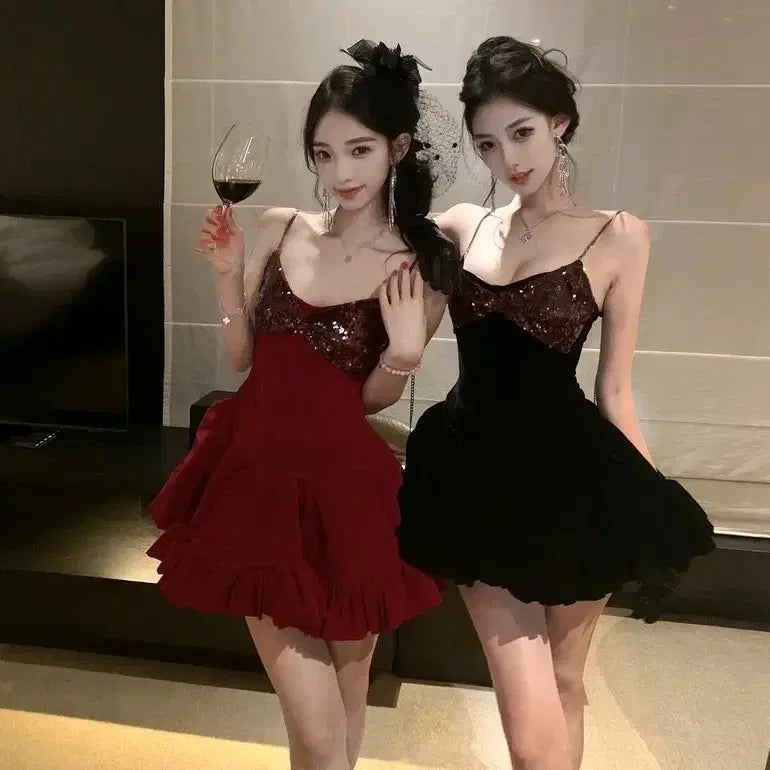 [BUNJANG] Party Dress - Red/Black Glitter Mini Dress / [2컬러] 파티원피스 레드 블랙 나시원피스 프릴 반짝이원피스 글리터
