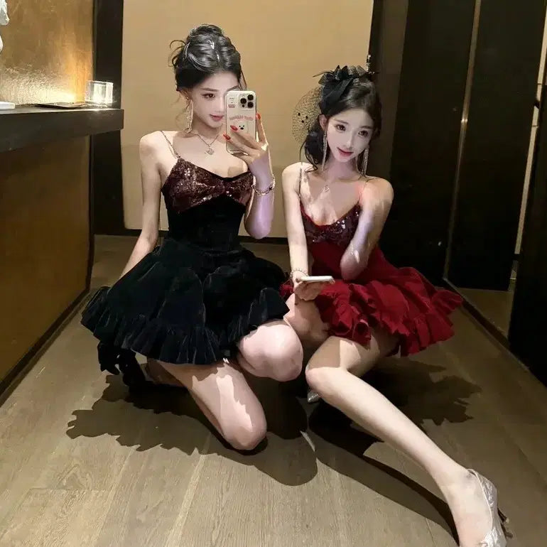 [BUNJANG] Party Dress - Red/Black Glitter Mini Dress / [2컬러] 파티원피스 레드 블랙 나시원피스 프릴 반짝이원피스 글리터