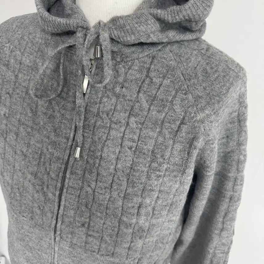 [BUNJANG] Gray Cable Knit Hooded Cardigan / 회색 꽈배기 니트 후드 가디건