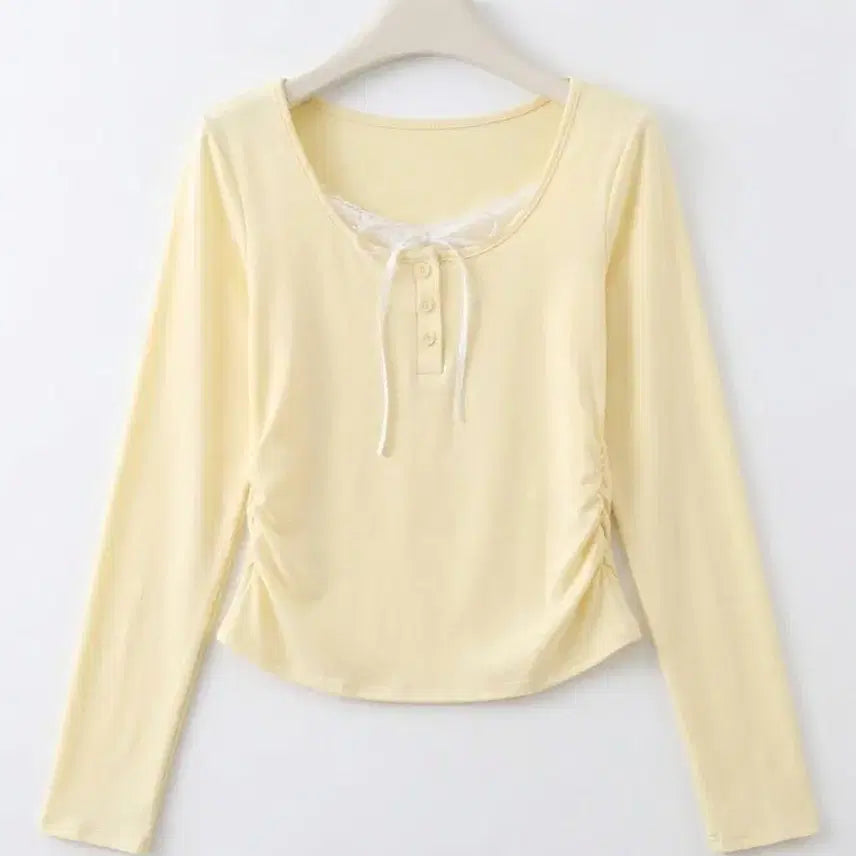 [BUNJANG] Pastel Lemon Shirred Button Tee with Ribbon Lace / [새상품/빠른발송]파스텔 레몬 셔링 버튼 티셔츠 리본 레이스 긴팔 티셔츠