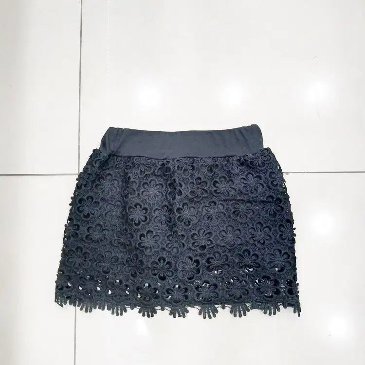[BUNJANG] Black Layered Lace Mini Skirt / 허리밴딩신축성 검정색 레이어드 레이스 치마 중고 미니스커트