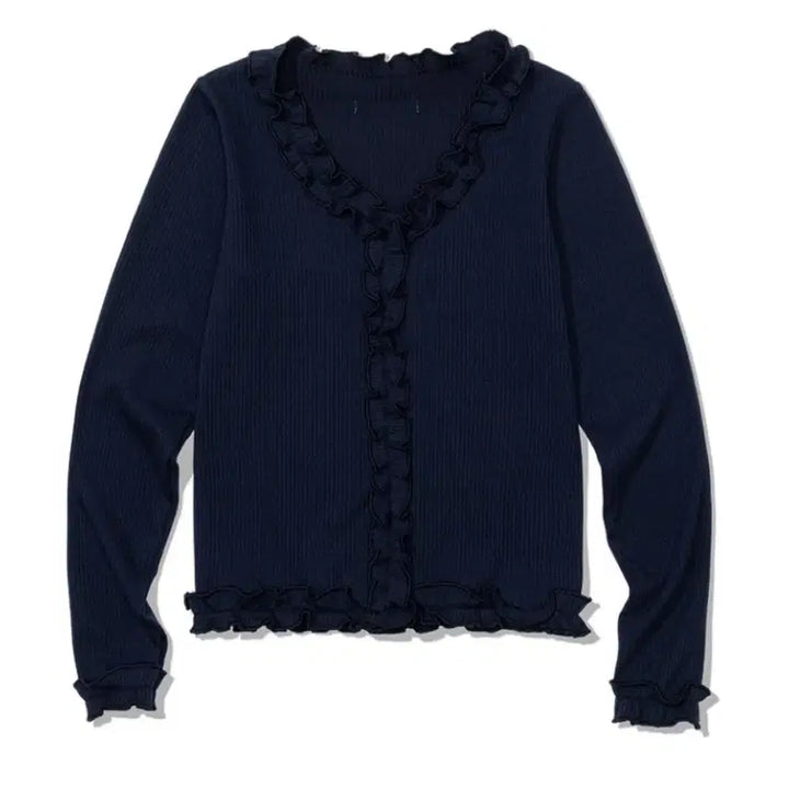 [BUNJANG] Uglyshadow Ruffle Ribbed T-Shirt (Navy) / 1회착 어글리쉐도우 ) 러플 리브드 티셔츠(네이비)