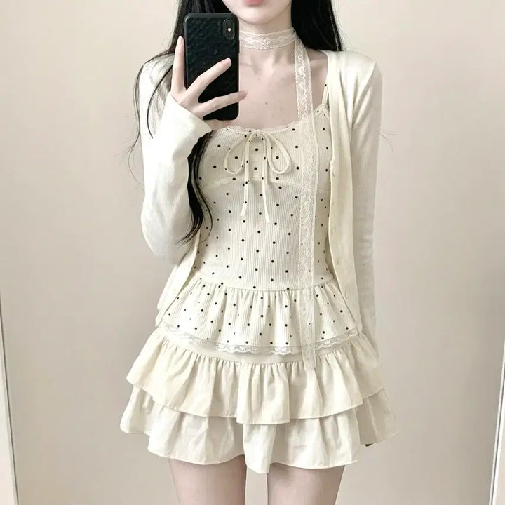 [SOLD OUT] 당일발송) 새상품 화이트 도트 리본 쓰리피스
