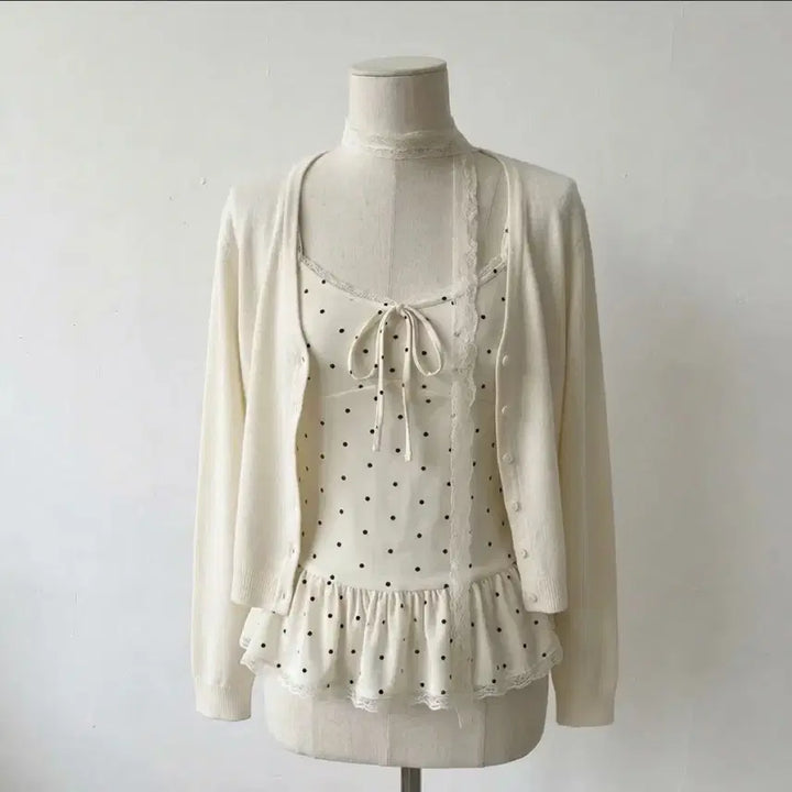 [SOLD OUT] 당일발송) 새상품 화이트 도트 리본 쓰리피스
