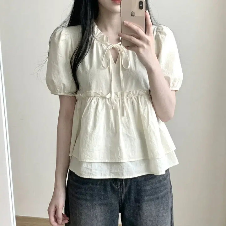 [SOLD OUT] 당일발송) 새상품 아이보리 리본 퍼프 반팔 블라우스