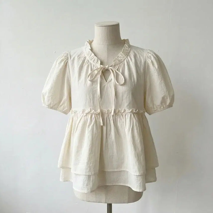 [SOLD OUT] 당일발송) 새상품 아이보리 리본 퍼프 반팔 블라우스