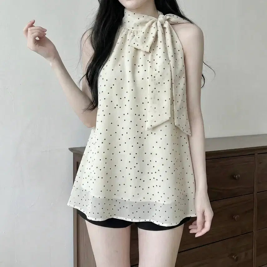 [BUNJANG] White Dot Ribbon Halter Neck Chiffon Blouse / 당일발송) 새상품 화이트 도트 리본 홀터넥 쉬폰 블라우스