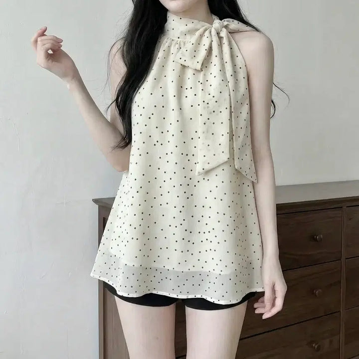 [BUNJANG] White Dot Ribbon Halter Neck Chiffon Blouse / 당일발송) 새상품 화이트 도트 리본 홀터넥 쉬폰 블라우스