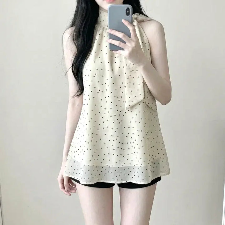 [BUNJANG] White Dot Ribbon Halter Neck Chiffon Blouse / 당일발송) 새상품 화이트 도트 리본 홀터넥 쉬폰 블라우스